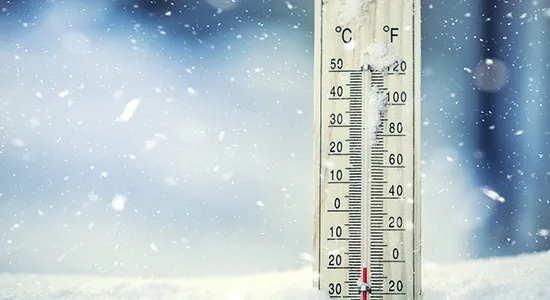 alt	A thermometer shows the temperature is cold, 0 degrees F and -20 degrees C.
